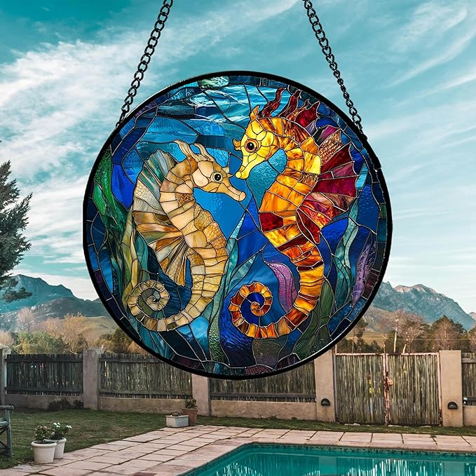 Stained Glass Window Hanging - Blue Ocean Orange Seahorse Suncatcher for Door Terrace Garden Home Decor, Marine Life Sun Catcher Birthday Gifts for Lovers Women Men Dad Mom Nana 15 in