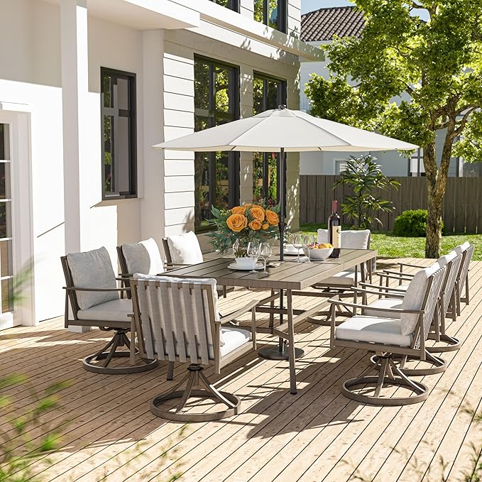 HAPPATIO 9-Piece Patio Table and Chairs Set for 8, Aluminum Outdoor Dining Set with Cushions, 8 Swivel Dining Chairs, 1 Large Rectangular Table with Umbrella Hole for Lawn, Porch, Backyard, Grey