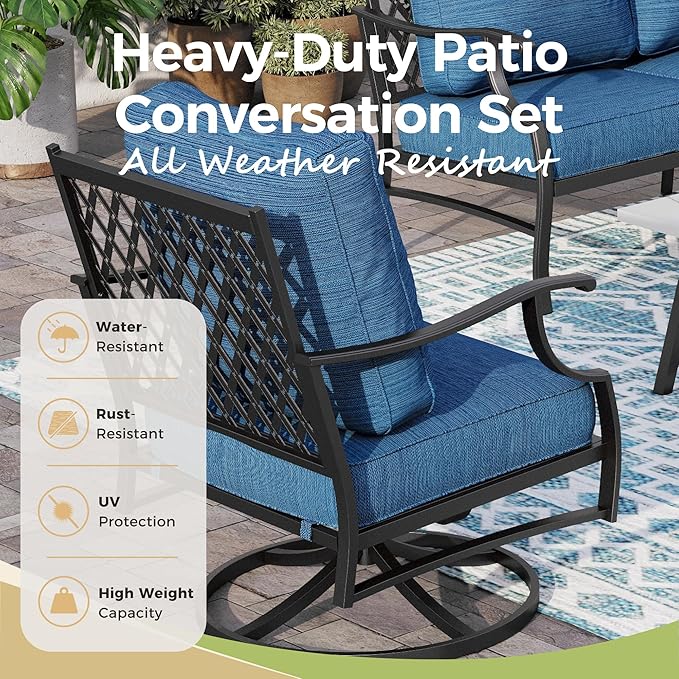 Patio Furniture Set, 4 Pcs Metal Outdoor Conversation Set, 2 Swivel Chairs and 3 Seater Sofa with 5.75" Extra Thick Cushion and Gas Fire Pit Table for Backyard Deck, Gemstone Blue