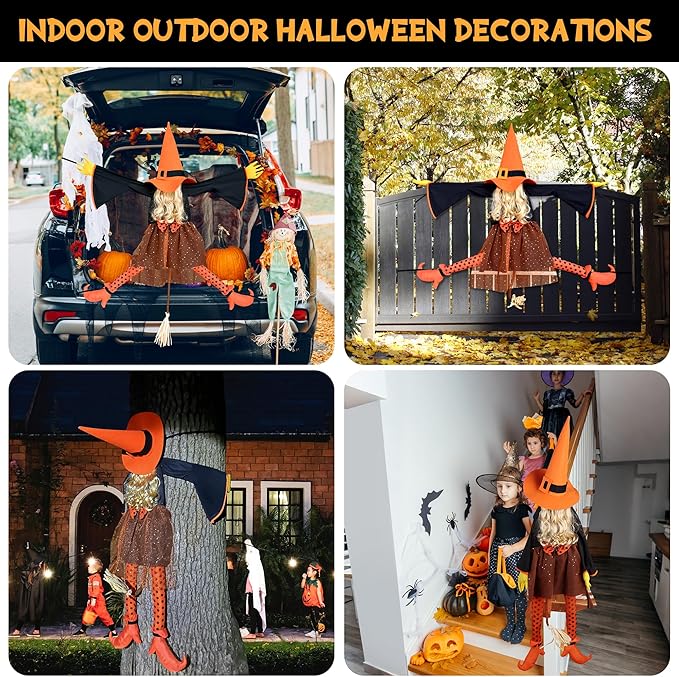 53" Crashing Witch Halloween Decoration – Funny Orange Flying Witch Hanging Prop for Yard, Tree, Porch, Patio, and Fall Outdoor Decor