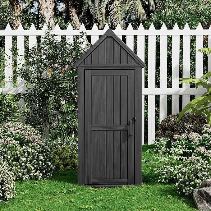 Upgraded Outdoor Resin Storage Shed with Removable Shelves, Lock Ring & Reinforced Floor - All-Weather Garden, Patio Cabinet (Black)
