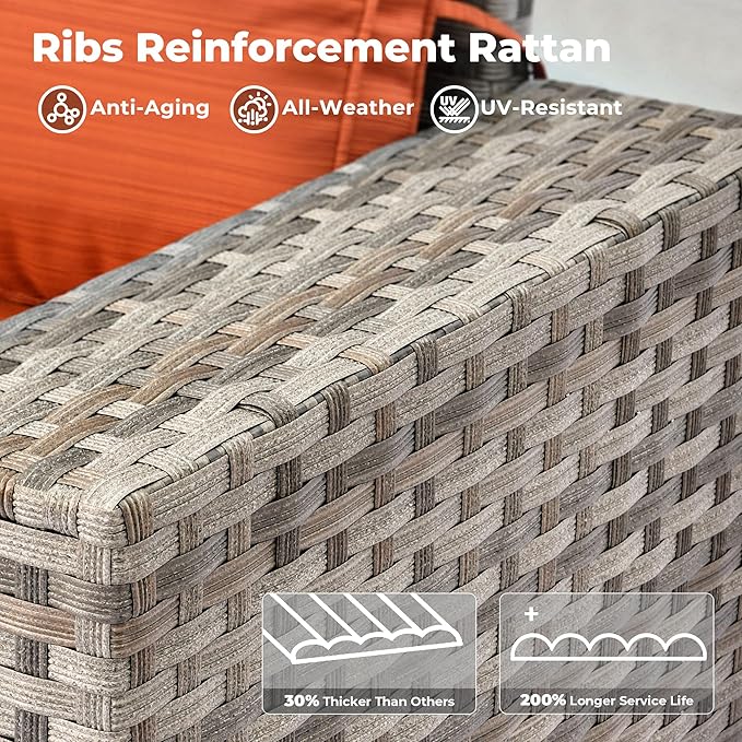 ovios 7 Pieces Patio Furniture Set, Outdoor Wicker Sectional Sofa with 42 Inch Fire Pit Table Comfy Cushions, Modern Modular Deep Seat Rattan Couch Conversation Set, Orange Red