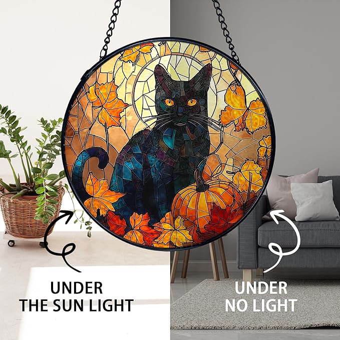 TNUW Fall Pumpkin Black Cat Stained Glass Window Hanging, Autumn Pumpkin Maple Leaf Black Cat Sun Catchers Indoor Window Glass Round Wall Art Decor, Rustic Fall Wall Hanging Decorations, 7.9＂x7.9＂