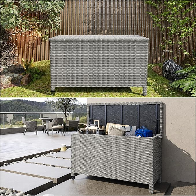 150 Gallon Waterproof Large Deck Box, Indoor Outdoor Storage Box with Handle and 2 Wheels, Package Delivery Boxes, Storage Containers for Patio Furniture Cushions Pool Accessories Garden Tools