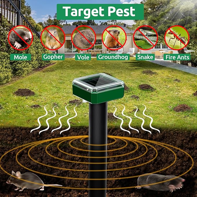 X-PEST 8 Pack Mole Repellent for Lawns Solar Powered Groundhog Spikes, Ultrasonic Mole Stakes for Yard, Waterproof Gopher Repellent to Get Rid of Chipmunk, Vole and Snake for Garden