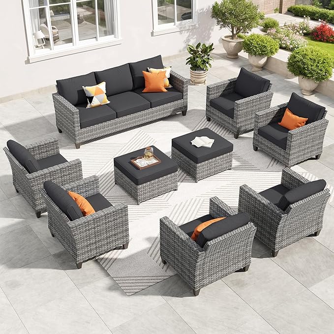 ovios Patio Furniture Set, 9 Pieces Outdoor Wicker Sofa Couch with 6 Chairs, Ottomans and Comfy Cushions, All Weather High Back Rattan Conversation Set, Black