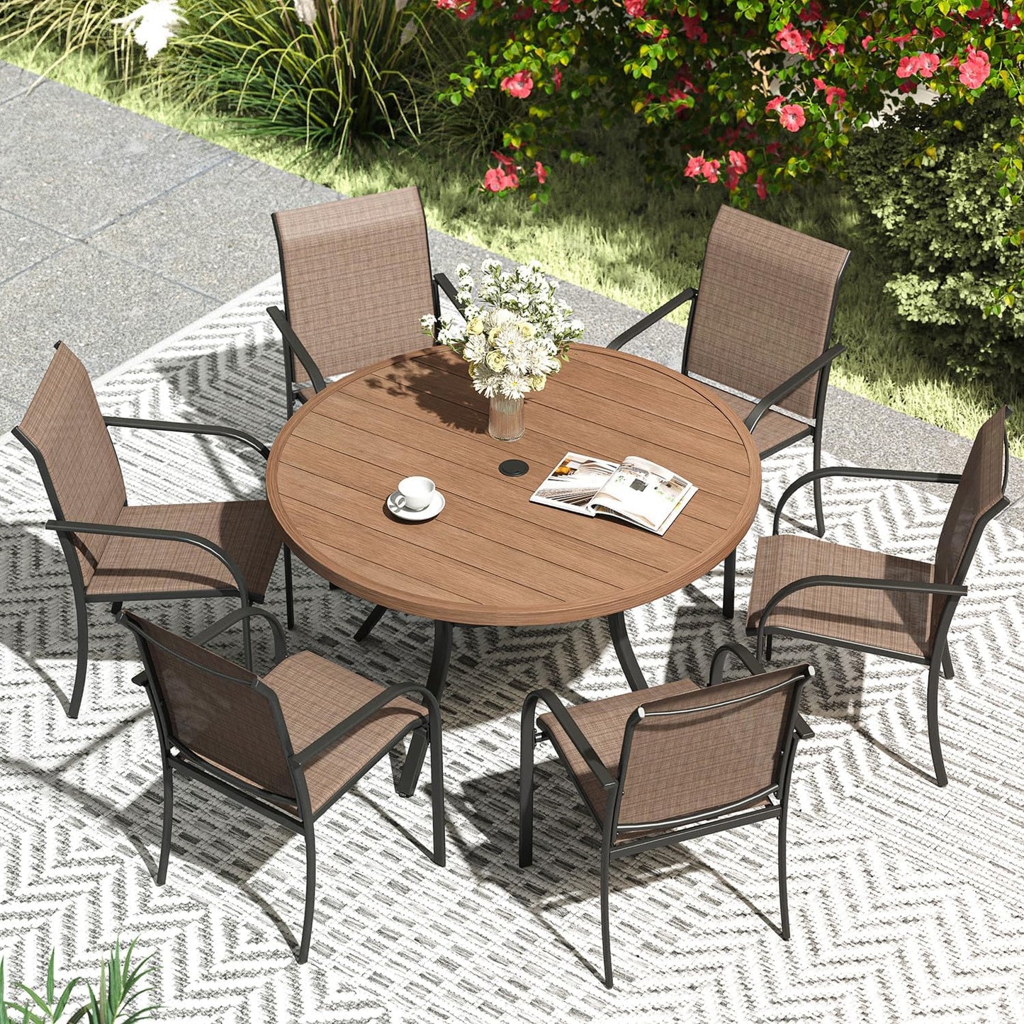 VICLLAX Patio Dining Set for 6, Outdoor Furniture Set Includes 47.2" Round Patio Table and 6 Patio Sling Chairs, Walnut Tabletop and Brown Fabric