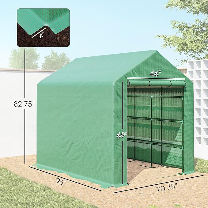 Outsunny 8' x 6' x 7' Walk-in Greenhouse, PE Cover, 4-Tier Shelves, Steel Frame Hot House, Roll-Up Zipper Door for Flowers, Vegetables, Saplings, Tropical Plants, Green
