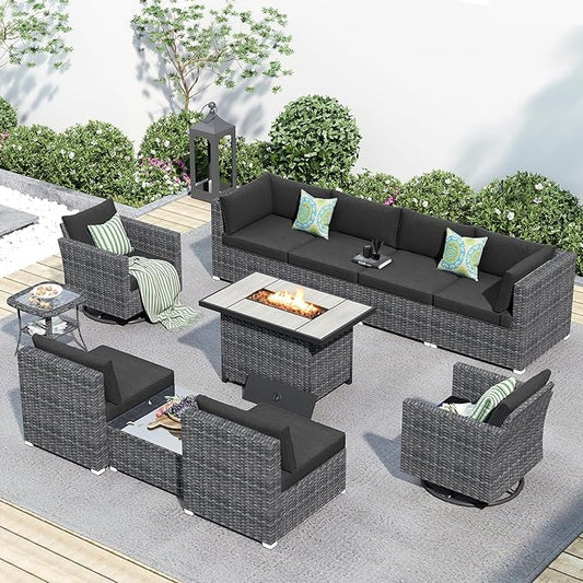 HOOOWOOO 11 Piece Patio Sectional Furniture Set with Fire Pit Table,Modern Wicker Outdoor Conversation Sofa Sets,Weather Resistant Modular L Shaped Outside Couch Swivel Chair Set(Black)