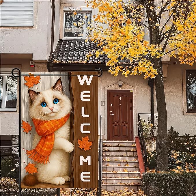 Thanksgiving Fall Garden Flag 12x18 Inch Welcome Blue Eyed Cat Outdoor Flag Double Sided Autumn Kitten Yard Banner with Orange Scarf Pet Decor for Porch Lawn Patio