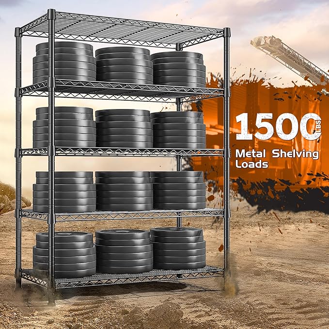 REIBII Storage Shelves 71" H Tall Wire Shelving Unit Sturdy Metal Shelves Adjustable Wide Pantry Shelves 5 Tier Deep Heavy Duty Metal Shelving Load 1500LBS Storage Rack 2 Pack