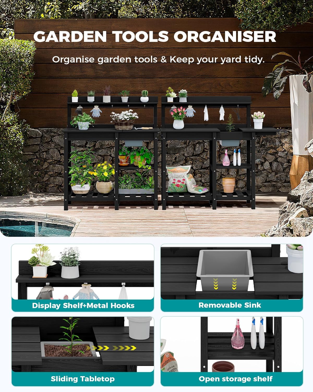 SERWALL Outdoor Potting Bench Potting Table with Sink, HDPE Potting Benches with Storage for Outside Gardening Table All Weather Use- Black