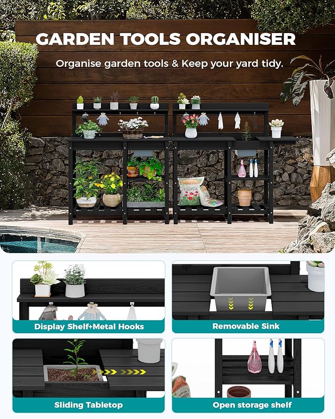 SERWALL Potting Bench Set of 2 Outdoor Potting Table with Sink, HDPE Potting Benches for Outside Gardening Table All Weather Use- Black
