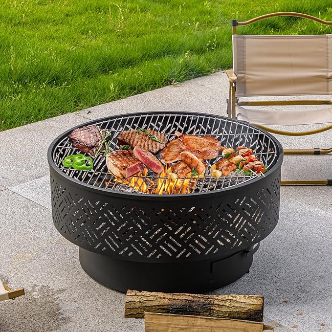 26" Wood Burning Fire Pits with Grill & Lid, Fire Pit Table for Outside with Waterproof Cover & Fire Poker, Outdoor Firepit with Functions for BBQ,Table and Bonfire