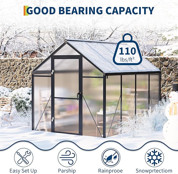 6x8 FT Greenhouse, Easy Assembly Aluminum Polycarbonate Greenhouses for Outdoors with Roof Vent and Ground Nails, Heavy Duty Aluminum Walk-in Greenhouse for Backyard, Sliding Lockable Door, Black