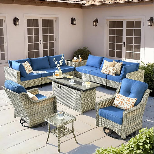 HOOOWOOO Outdoor Patio Furniture Set with Fire Pit Table,11 Pieces Wicker Out Door Sectional Furniture L Shaped Couch,Outside Patio Conversation Swivel Chair Sets,Denim Blue