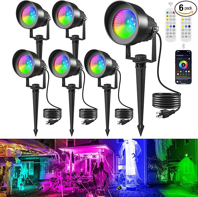 T-SUN Smart Color Changing Landscape Lights, RGBW Halloween Spotlights Outdoor with App & Remote, Music Sync, DIY Scenes, Timing, Dimmable Waterproof Spot light for Yard Garden Tree Decoration, 6 Pack