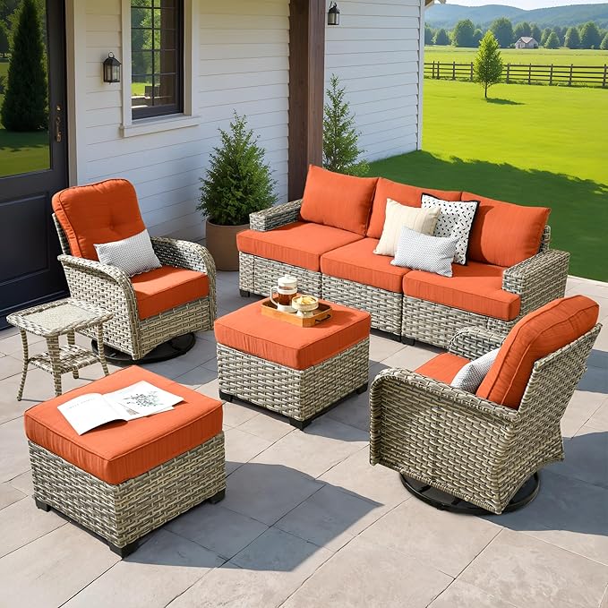 HOOOWOOO Outdoor Sectional Patio Furniture Set,8 Pieces Wicker Conversation Sets,Extra Deep Out Door Sofa Outside Furniture Couch with Swivel Chairs Ottoman,Brick Red