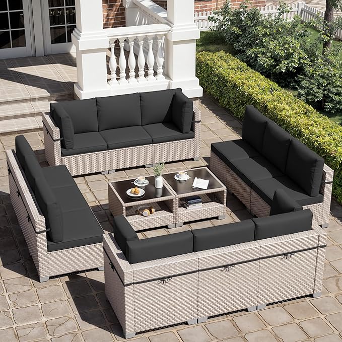 14 Pieces Patio Furniture Set, Outdoor Sectional Wicker Sofa with Thick Cushions and Storage Coffee Table, Rattan Patio Conversation Sets for Deck Yard Poolside, Black