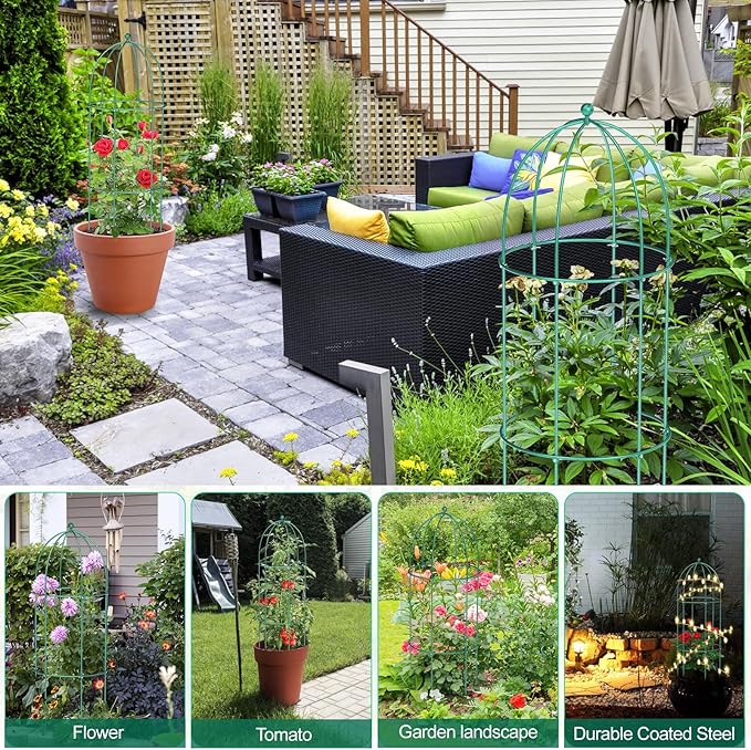 3 Pack Metal Plant Cage Support, 47" H Peony Support Tomato Cage Garden Obelisk Trellis Rose Trellis Support Tower Obelisk Garden Trellis for Clematis Vine Jasmine Support Outdoor Indoor