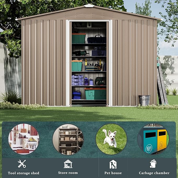 8FT x 6FT Outdoor Storage Shed, Waterproof Lockable Door Metal Tool Shed with Sliding Door and Ventilation, Gardening Tool Storage Room, Metal Storage Shed for Gardens and Lawns