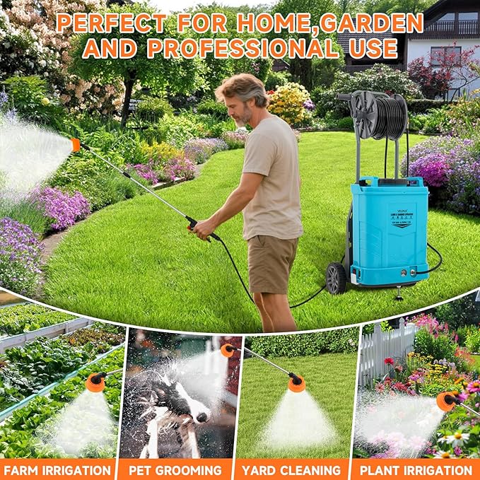 6.6 Gallon Battery Powered Sprayer, Portable Sprayer with Wheels,0-94 PSI,12V 8Ah Battery,Adjustable HD Wand and 10 Nozzles for Weeding, Spraying, Cleaning