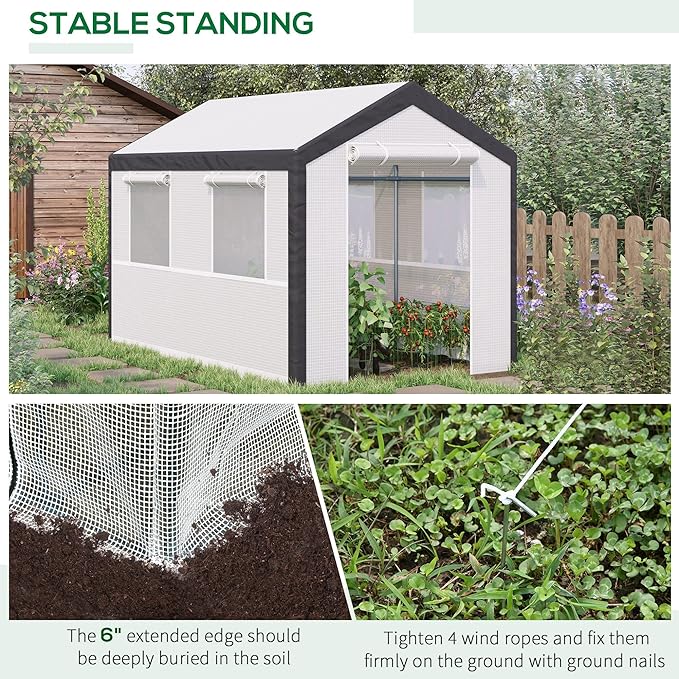 Outsunny 10' x 7' x 7' Greenhouse, Walk-in Outdoor Tunnel Green House with PE Cover, Steel Frame, 2 Roll-Up Zipper Doors & 4 Windows for Flowers, Vegetables, Tropical Plants, White