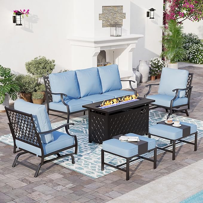 6 Pieces Metal Patio Furniture Set with Firepit Table, Patio Conversation Set with 5.75" Thick Cushion, Outdoor Furniture 3-Seater Sofa, 2 Rocking Chair & 2 Ottoman for Backyard, Blue