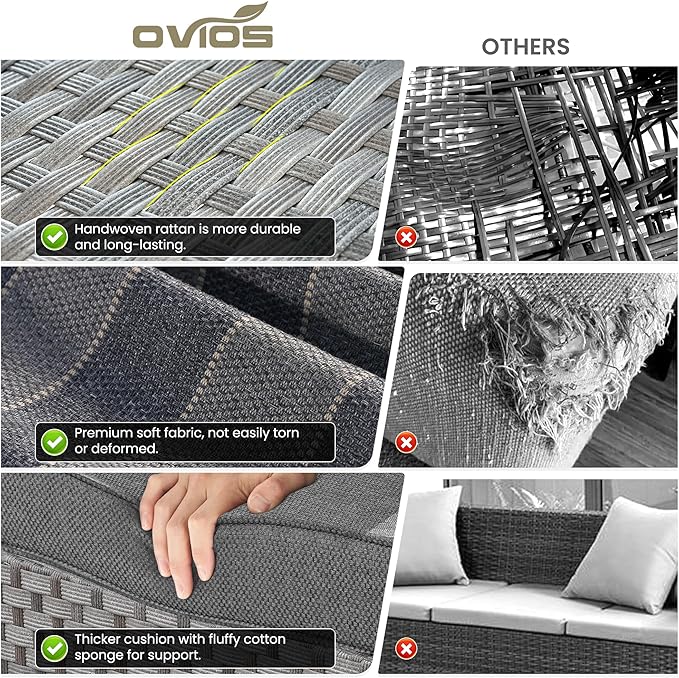 ovios 6 Pieces Patio Furniture Set, Outdoor Wicker Sectional Sofa with Glass Table Comfy Cushions, Modern Modular Deep Seat Couch Rattan Conversation Set, Dark Gray Stripe