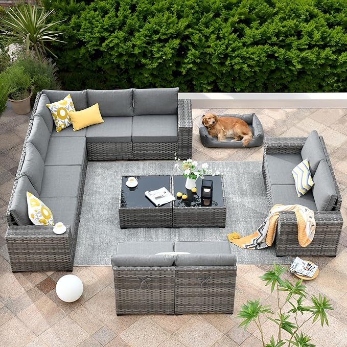 ovios 12 Pieces Patio Furniture Set, Outdoor Wicker Sectional Sofa with Glass Table Comfy Cushions, Modern Modular Deep Seat Couch Rattan Conversation Set, Dark Grey