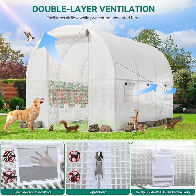 YITAHOME 10x6.5x6.5ft Greenhouses Large Walk-in Green House Heavy Duty Tunnel Green Houses Outdoor Portable Plant Gardening Upgraded Galvanized Steel Frame Zipper Doors 5 Crossbars Garden, White