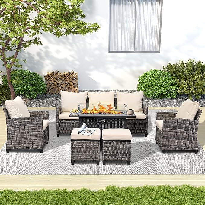 43'' Gas Fire Pit Table, Outdoor Rectangle Fire Pit Table with Cover, Glass Wind Guard & Glass Rock, 60000 BTU Stainless Steel H-Burner Fire Pit Tables for Outside Patio Backyard Garden (Rectangle)