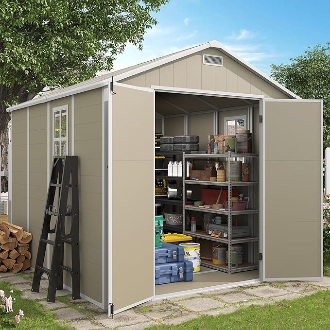 Outdoor Storage Shed, 8x8 FT Resin Shed with Floor and Lockable Door, Window & Vents, Tool Sheds & Outdoor Storage for Bike, Garden Accessories, Tools, Waterproof (Light Brown)