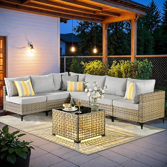 HOOOWOOO Outdoor Patio Furniture Set,7 Pieces Wicker Out Door Sectional Furniture L Shaped Couch,Outside Patio Conversation Sets with LED Table,Light Gray