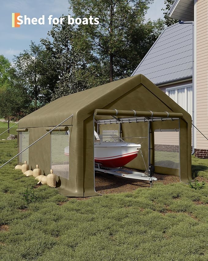 12x20 Ft Carport, Heavy Duty Portable Garage with Roll-Up Doors & 4 Windows,200g PE Tarp Waterproof & UV Protected,All-Weather Design,for Car, Boat, Truck, Motorcycle, ATVs, and SUV