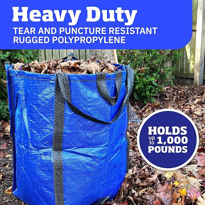 DURASACK Heavy Duty Home and Yard Bags 48-Gallon Reusable Self-Standing Lawn and Leaf Bags Garbage Can with Reinforced Handles, Blue, 3 Pack