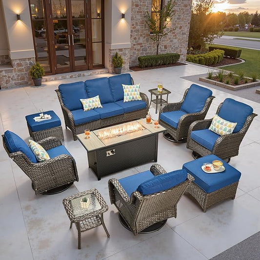 ovios 10 Pieces Patio Furniture Set, Outdoor Wicker Sofa Couch with Swivel Chairs 54" Fire Pit Table, All Weather High Back Modern Conversation Sets, Brown Rattan, Navy Blue
