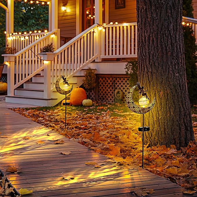 Fairy Garden Solar Lights Outdoor Moon Stakes, Waterproof Outdoor Metal Decor Gifts for Women Mom, Art Moon Sculpture for Yard, Patio, Garden, Porch, 2 Pack