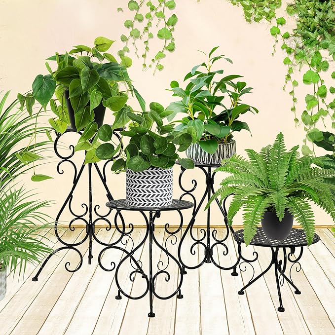 4-Pack Metal Plant Stand for Indoor Outdoor, Heavy Duty Flower Pot Stands for Multiple Plants, Rustproof Iron Planter Holder Display Shelf for Patio Home Garden Porch Balcony(Black)