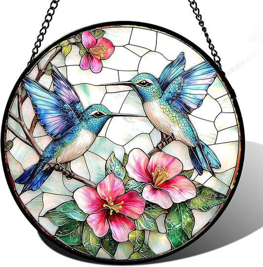 Stained Glass Window Hanging - Blue White Hummingbirds Pink Flowers Suncatcher for Door Terrace Garden Home Decor Bird Sun Catcher Birthday Gifts for Lovers Women Men Dad Mom Nana 6.3 in