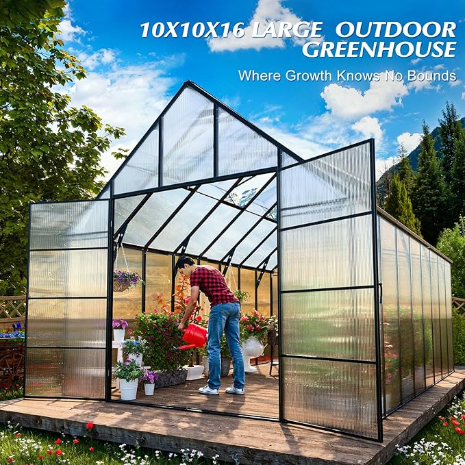 10'x10'x16' Snap-Together Greenhouse - Easy 3-Way Connectors, Heavy-Duty Aluminum Frame, Wind/Snow Resistant for Gardening/Urban Farming, Includes Sliding Door & Ventilation Windows