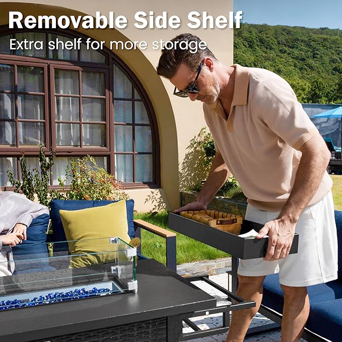 52 Inch Wicker Outdoor Fire Table, 50,000BTU Propane Fire Pit Table with Windshield, Side Basket, Rain Cover, CSA Certified, Patio Fire Pit for Garden, Backyard, Balcony, Poolside, Grey