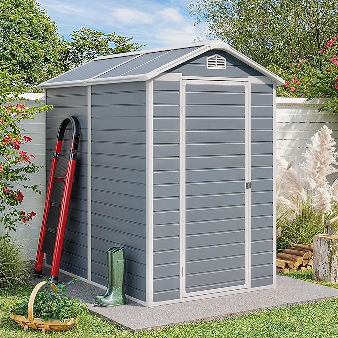 Gizoon 6x4 FT Outdoor Storage Shed with Floor, Resin Garden Tool Shed with Lockable Doors, Window, Vents, Reinforced Steel Frame, Waterproof Plastic Storage Sheds for Backyard, Patio, Lawn