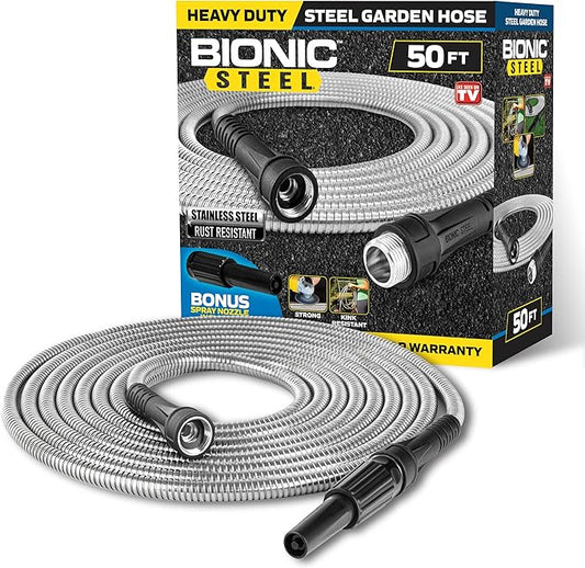 BIONIC STEEL 50 Ft Metal Garden Hose with Sprayer Nozzle, Non Kinking Designed Stainless Steel Heavy Duty Water Hose 50Ft x 5/8 in. Ultra Flexible NON Expandable for Uninterrupted Water Flow, 500 PSI