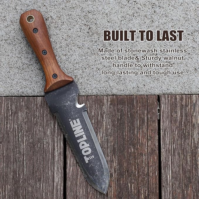 TOPLINE Hori Hori Garden Knife with Oxford Sheath, 7" Stainless Steel Blade with Cutting Edge, Full Tang Walnut Handle with Hanging Hole, Multifunctional Garden Tools for Weeding, Planting, Cutting