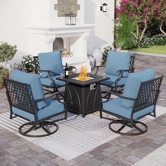 5 Piece Metal Outdoor Patio Furniture Set with Fire Pit Table, Patio Conversation Sets 4 Swivel Chairs with 5.75" Thick Cushion and 5000 BTU Fire Pit Table, Backyard Furniture, Navy