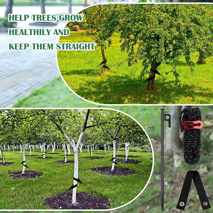Sintuff 36 Pcs Heavy Duty Tree Stake Kits Stake and Support for Young Leaning Tree Anchor Straightening Kit, 15.8'' Support Straps, 11.8'' Steel Stakes, 13.12ft Rope(Black)