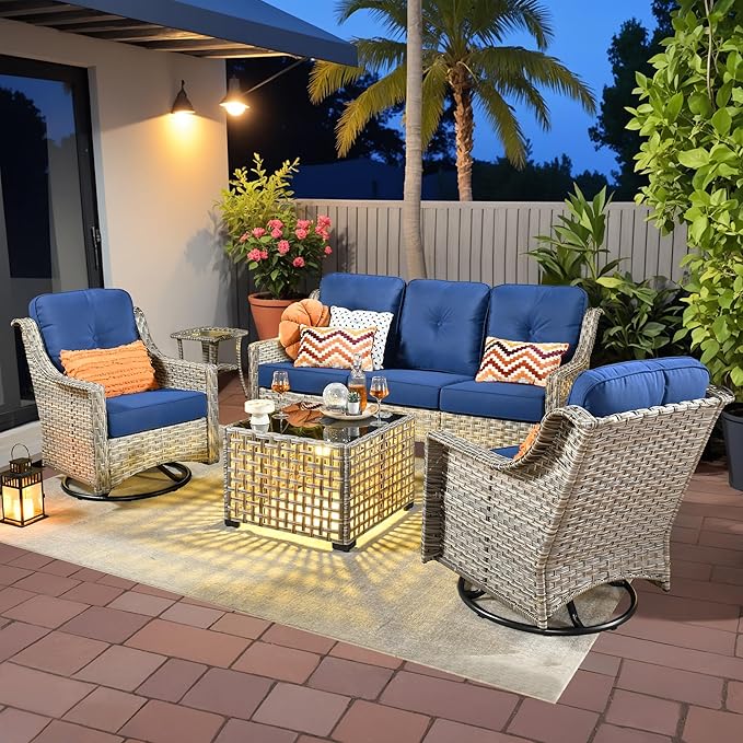5 Pieces Patio Outdoor Furniture Set with Swivel Rocking Chairs,All Weather Wicker Rattan Patio Seating Sofa and Chair Set w/Glowing Table,Outdoor Conversation Sets for Deck Yard Garden,Navy Blue