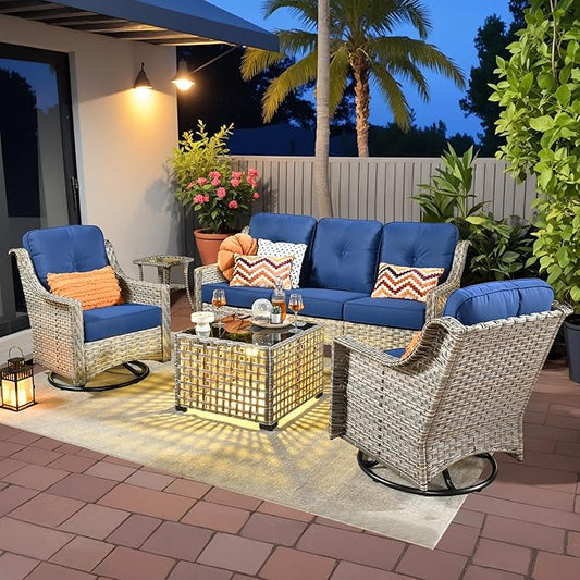 5 Pieces Patio Outdoor Furniture Set with Swivel Rocking Chairs,All Weather Wicker Rattan Patio Seating Sofa and Chair Set w/Glowing Table,Outdoor Conversation Sets for Deck Yard Garden,Navy Blue