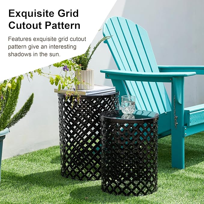 Glitzhome Outdoor Side Table Set of 2, Decorative Garden Stool for Indoor Outdoor Heavy Duty Metal Frame Modern Accent Table, Black